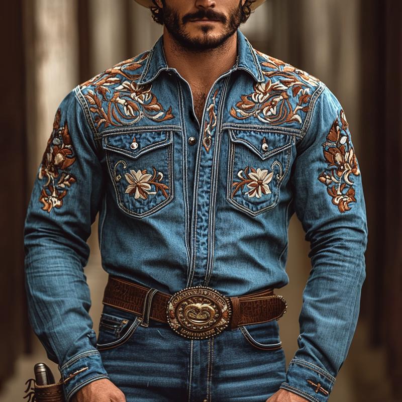 【24-hour shipping out】Men's Western Cowboy Style Embroidered Lapel Chest Pocket Long Sleeve Denim Shirt 00380923Z