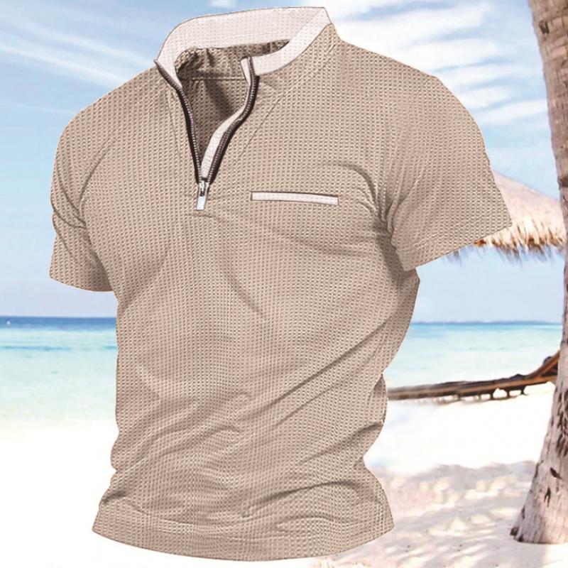 Men's Solid Color Waffle Zip Pocket Short Sleeve Polo Shirt 87728425Y