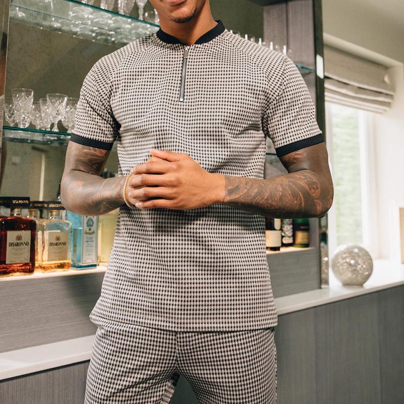 Men's Zipper Henley Collar Plaid Short Sleeve Top Shorts Casual Set 16624506Z