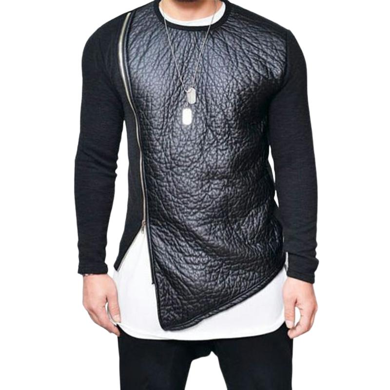Men's Pu Leather Stitching Zip-up Round Neck Long-sleeved T-shirt（Internal T-shirt not included) 12785925U