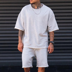 Men's Solid Loose Short Sleeve Rolled T-shirt Shorts Set 79449416Z
