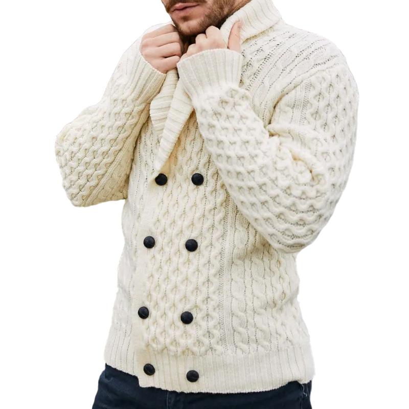 Men's Solid Lapel Double Breasted Cable  Knit Cardigan 17421212Z