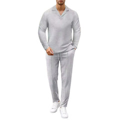 Men's Solid Color Waffle Cuban Collar Long Sleeve T-Shirt And Pants Set 28710871Y