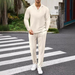 Men's Solid Color Waffle Cuban Collar Long Sleeve T-Shirt And Pants Set 28710871Y