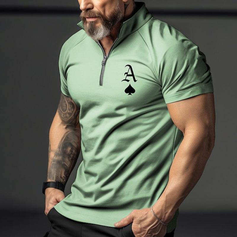 Men's Zipper Lapel Poker Print Short Sleeve Polo Shirt 56855419Z