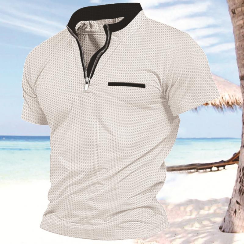 Men's Solid Color Waffle Zip Pocket Short Sleeve Polo Shirt 87728425Y