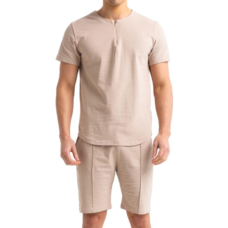 Men's Zip Round Neck Solid Short Sleeve T-shirt Shorts Casual Set 02594866Z