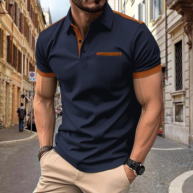 Men's Colorblock Chest Pocket Lapel Cotton Blend Short Sleeve Polo Shirt 34702997Y