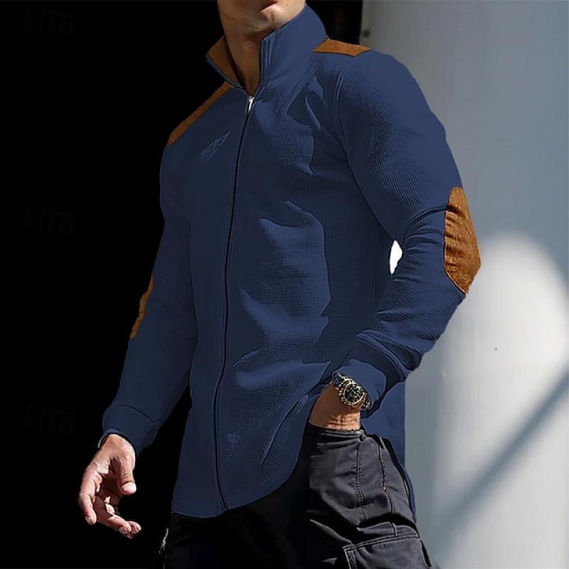 Men's Color Block Waffle Zipper Stand Collar Long Sleeve Shirt 68983896Y