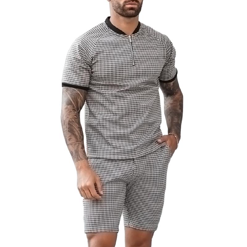 Men's Zipper Henley Collar Plaid Short Sleeve Top Shorts Casual Set 16624506Z
