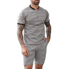 Men's Zipper Henley Collar Plaid Short Sleeve Top Shorts Casual Set 16624506Z