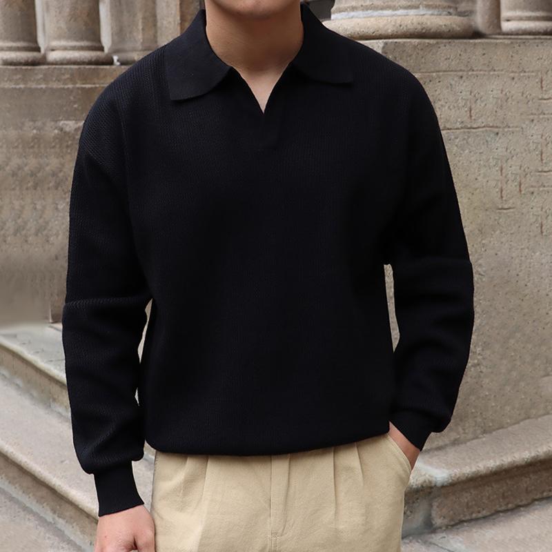 Men's Solid Color Lapel Long Sleeve Knit Polo Shirt 27298095Z