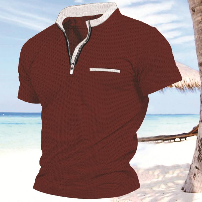 Men's Solid Color Waffle Zip Pocket Short Sleeve Polo Shirt 87728425Y