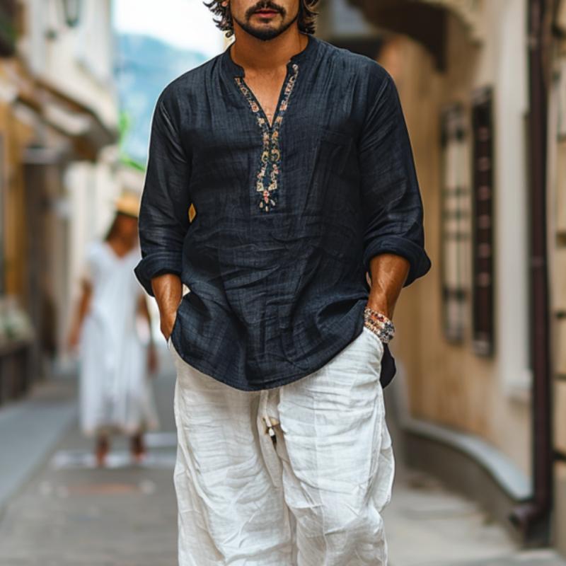 Men's Cotton and Linen Breathable Printed V-Neck Long Sleeve Shirt 44077225Y