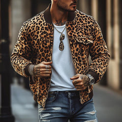 Men's Vintage Leopard Print Chest Pocket Bomber Jacket 05400168Y