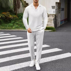 Men's Solid Color Waffle Cuban Collar Long Sleeve T-Shirt And Pants Set 28710871Y