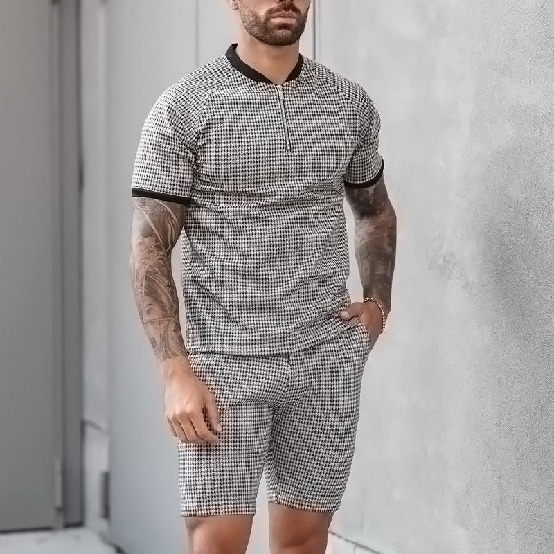 Men's Zipper Henley Collar Plaid Short Sleeve Top Shorts Casual Set 16624506Z