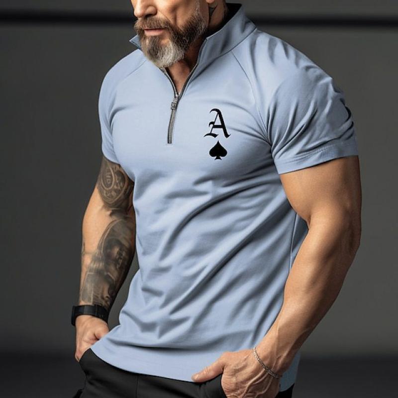 Men's Zipper Lapel Poker Print Short Sleeve Polo Shirt 56855419Z