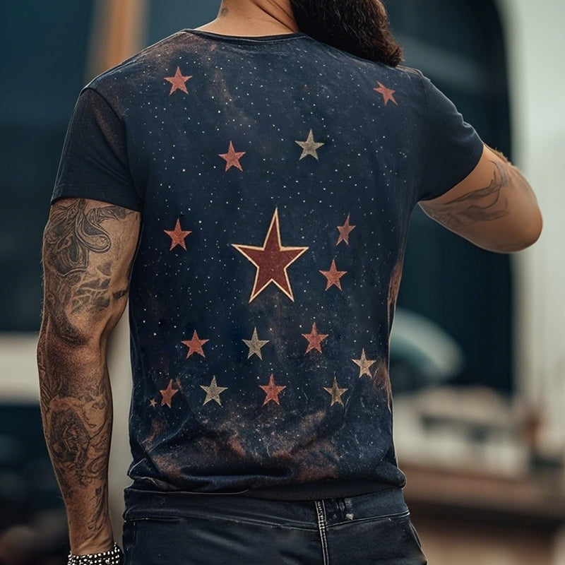 【24-hour shipping out】Men's Retro Casual Star Universe Printed Round Neck Short Sleeve T-Shirt MTA2112C7TO