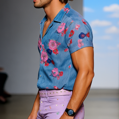 【24-hour shipping out】Men's Retro Casual Mesh Printed Floral Lapel Short Sleeve Shirt MTA1435D2TO